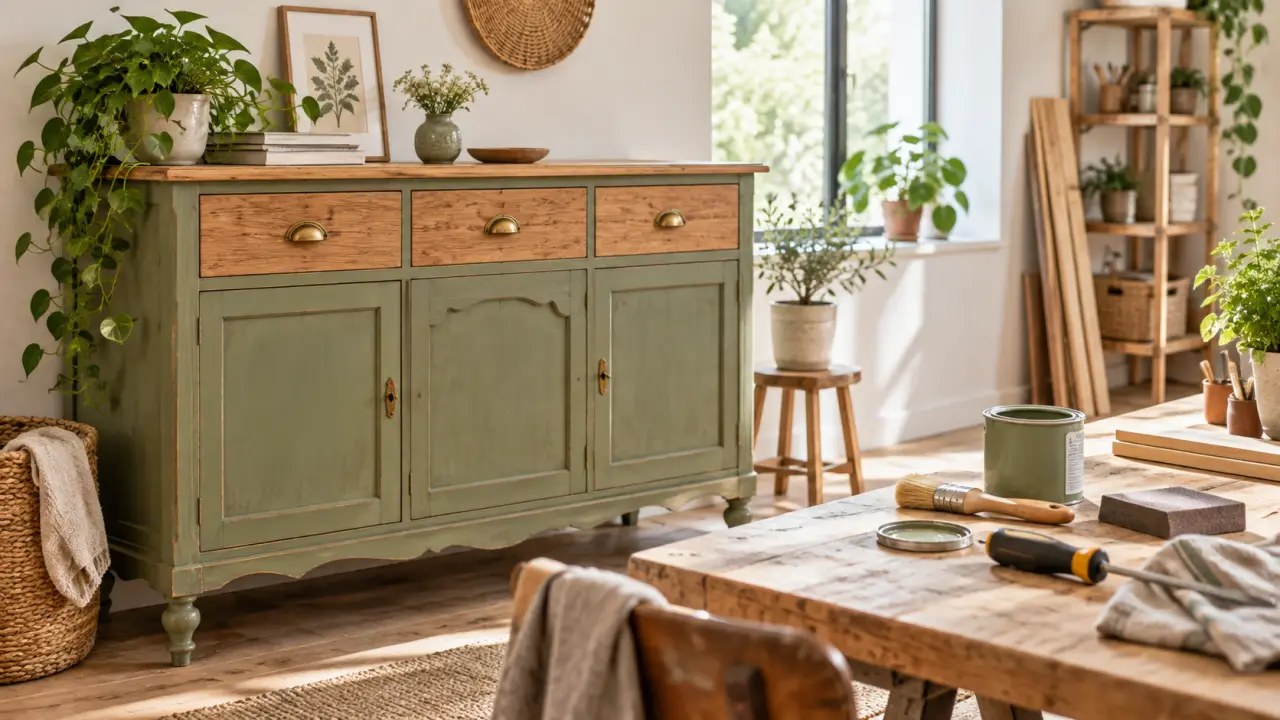 Rénovation d'un meuble chiné en bois dans un atelier lumineux