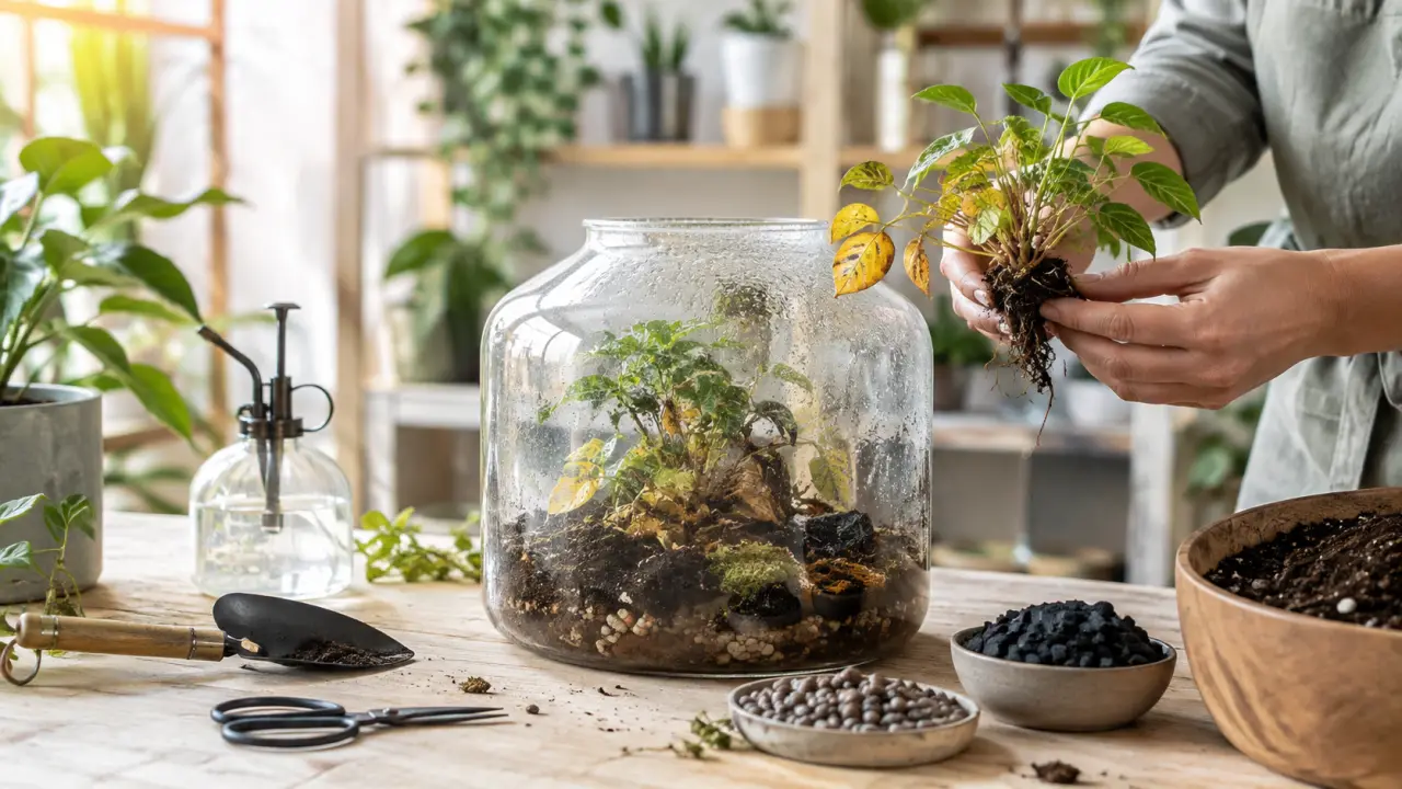 Terrarium DIY avec des plantes vertes dans un bocal en verre