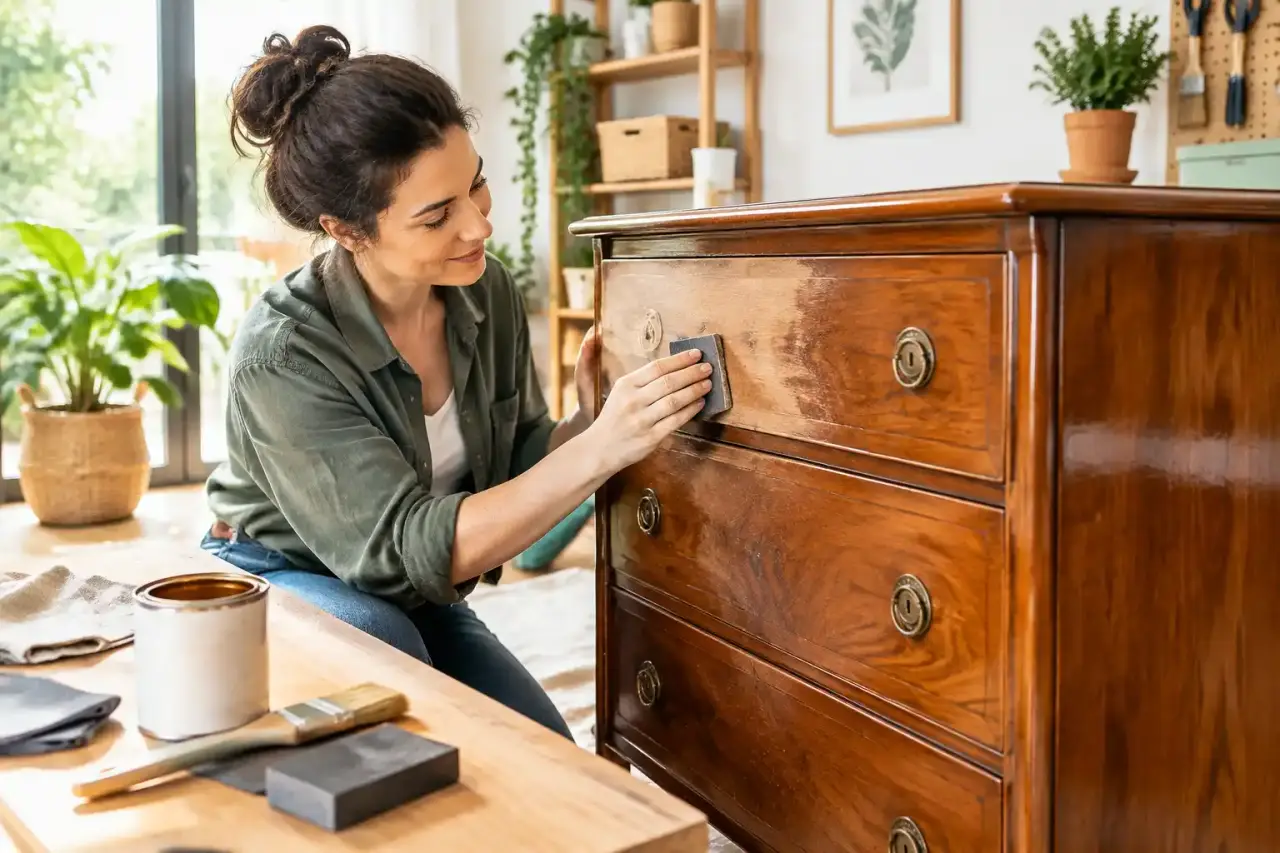 Commode vernie restaurée dans un atelier lumineux