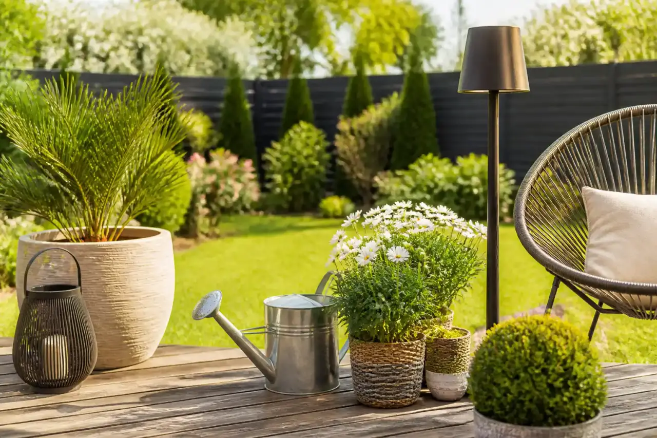 Étagères en bois garnies de plantes d'intérieur luxuriantes et d'outils de jardinage