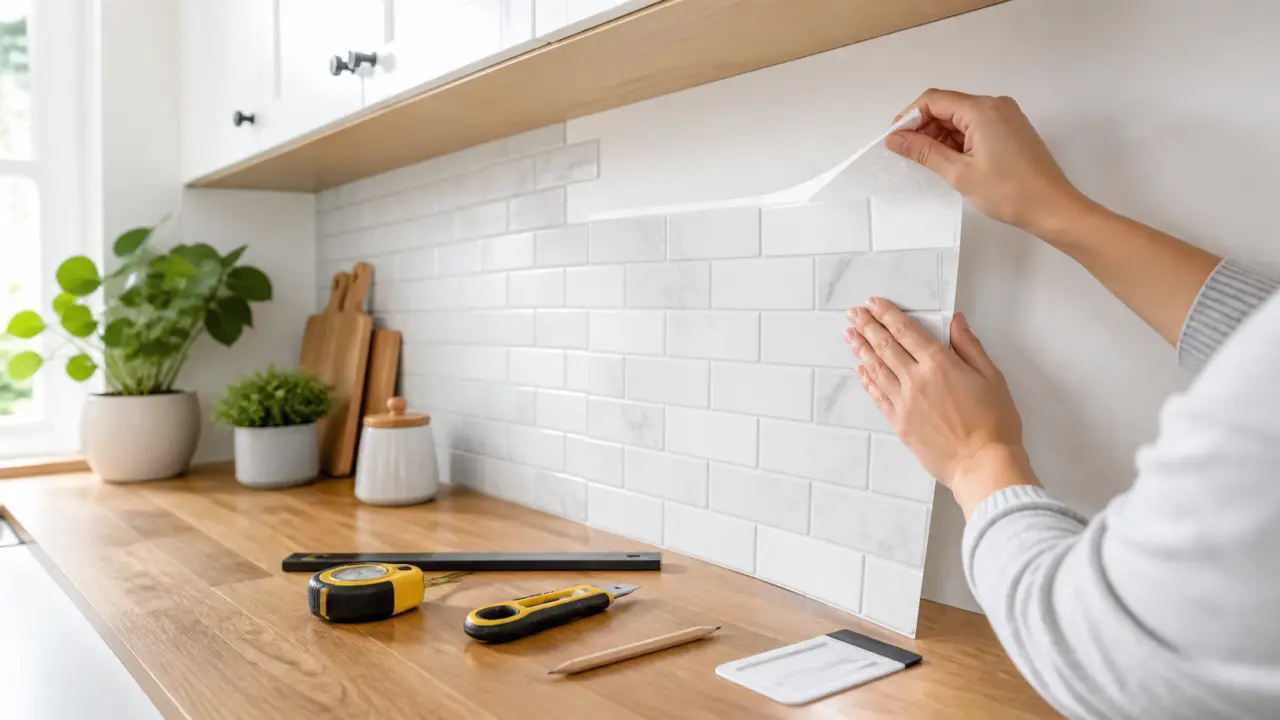 Crédence adhésive posée dans une cuisine lumineuse avec outils de mesure et surface propre
