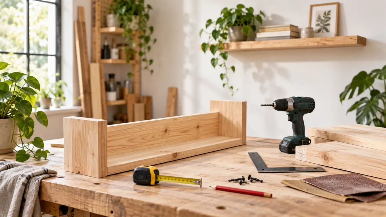 Fabrication d'une étagère murale en bois brut dans un atelier lumineux