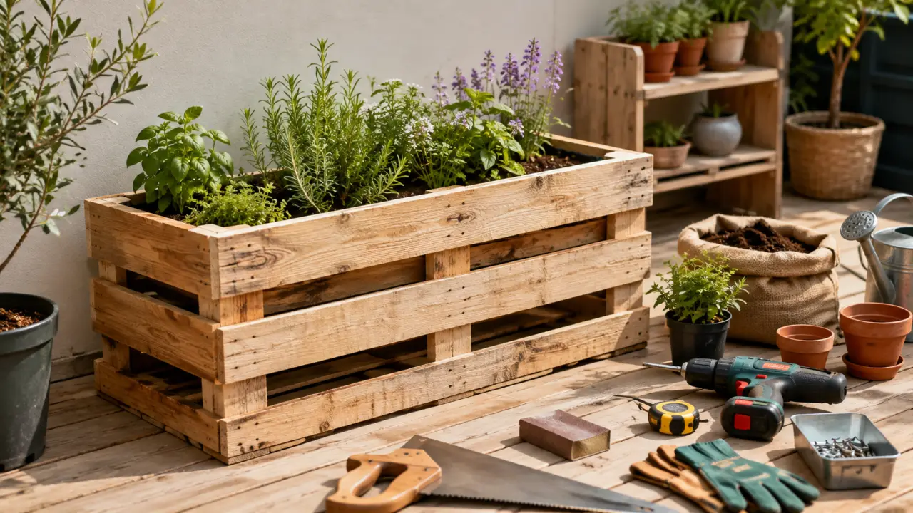 Jardinière en palettes recyclées dans un jardin lumineux