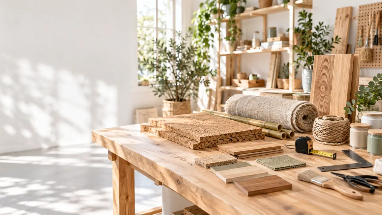 Établi de bricolage avec des matériaux biosourcés, des outils et des plantes vertes