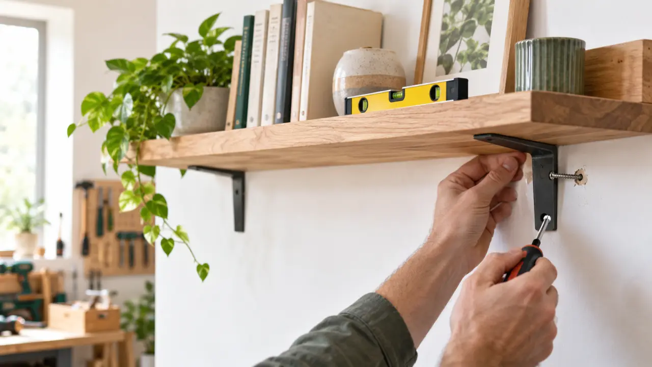 Étagère murale DIY en bois fixée dans un intérieur lumineux