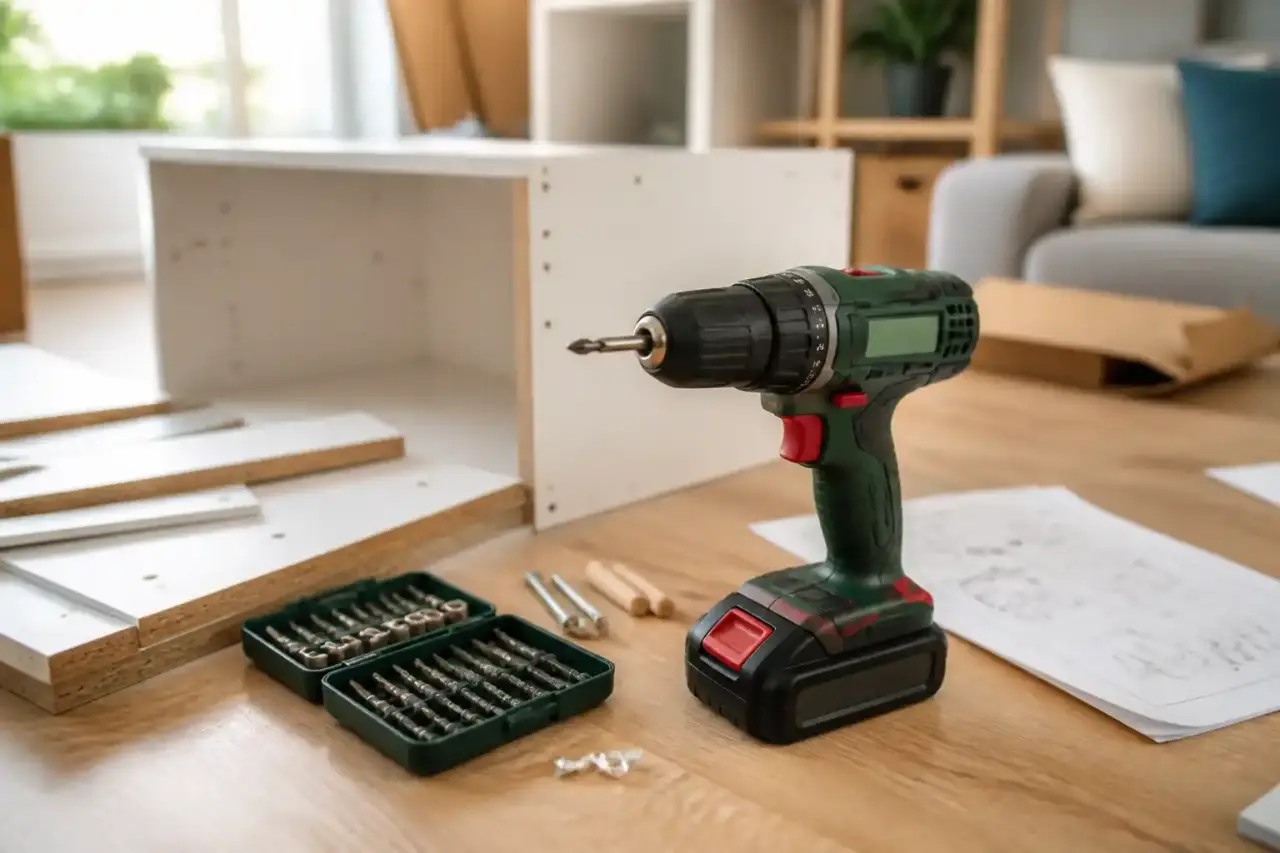 Visseuse sans fil posée sur un établi avec des planches et des vis pour un projet DIY