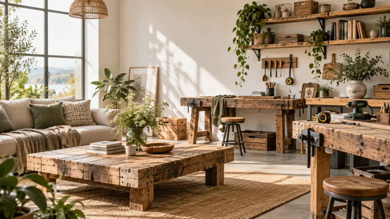 Table basse et étagères réalisées en bois réemployé dans un intérieur chaleureux