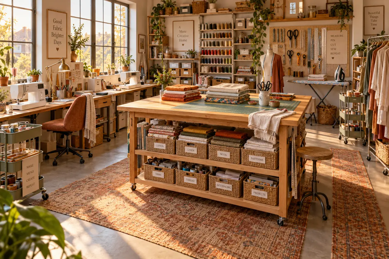 Un atelier couture bien aménagé, avec des zones fluides et des rangements accessibles