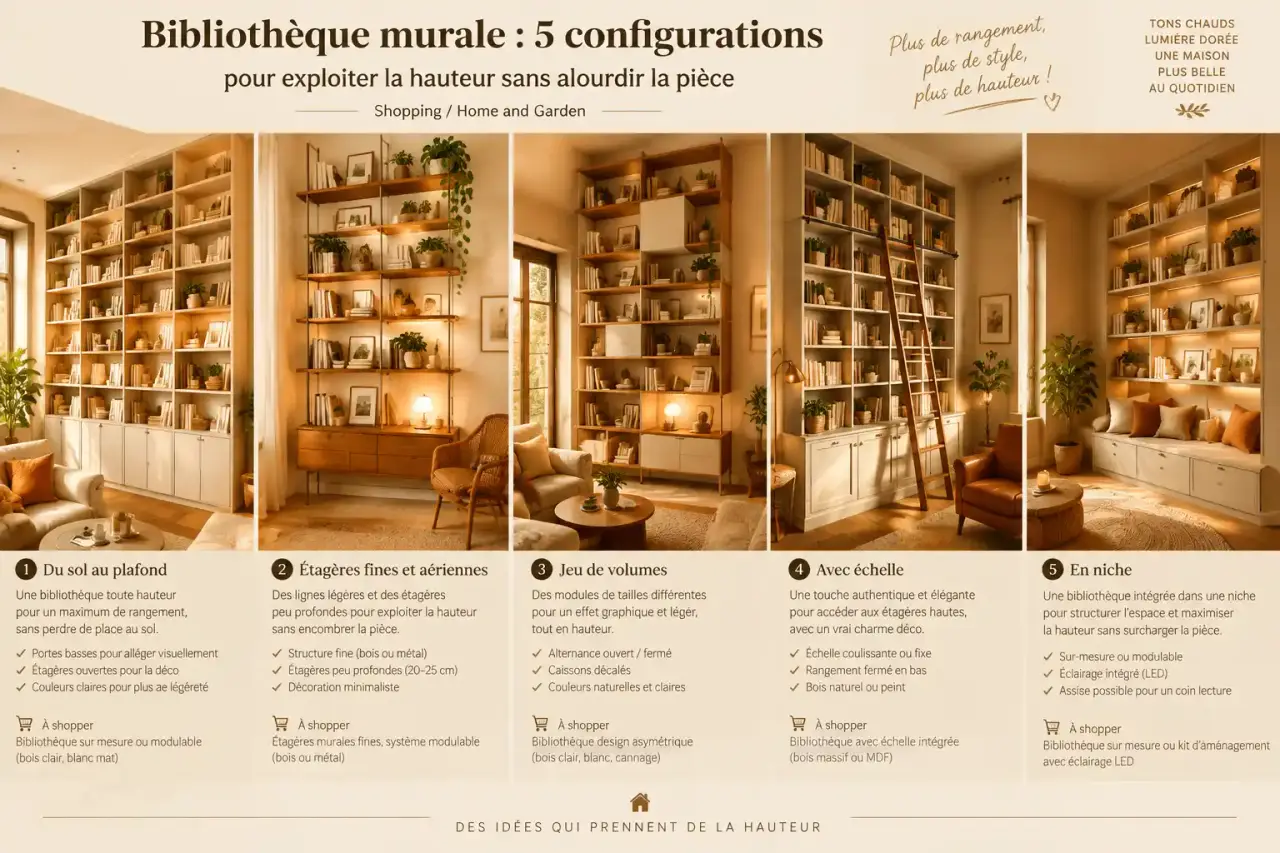 Bibliothèque murale : 5 configurations pour exploiter la hauteur sans alourdir la pièce