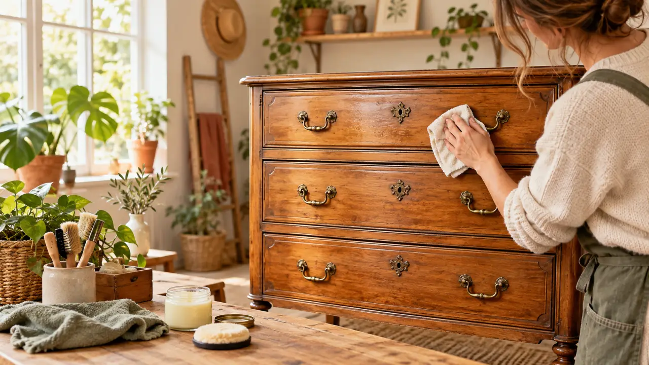 Commode ancienne restaurée avec une finition mate dans un atelier lumineux