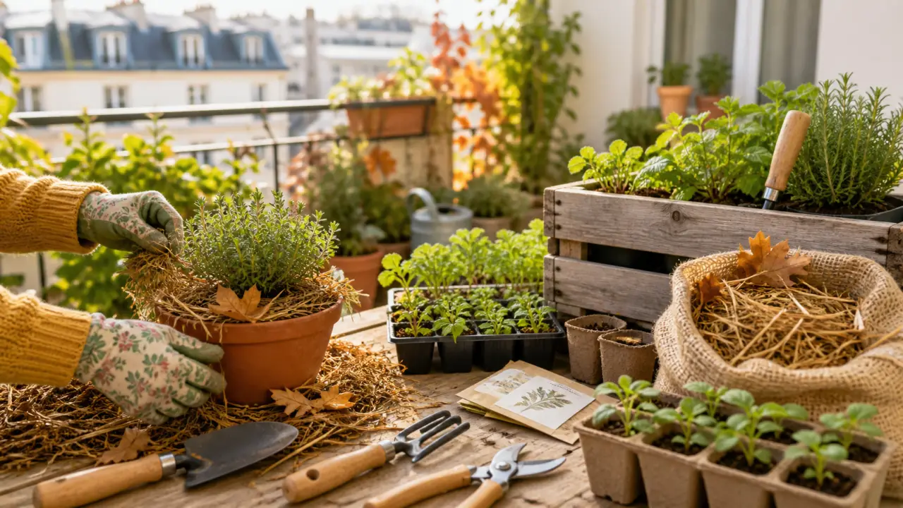 Balcon végétalisé et outils de jardinage dans une ambiance chaleureuse