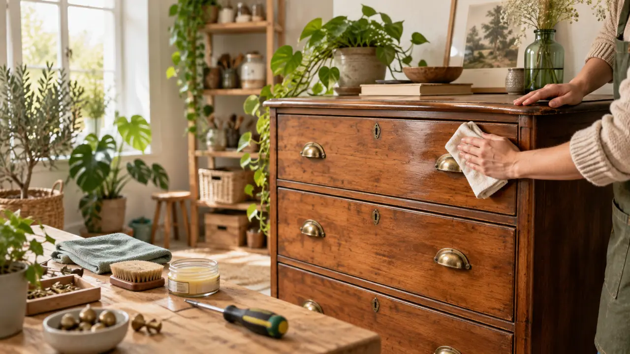 Vieille commode restaurée avec une finition naturelle dans un atelier lumineux
