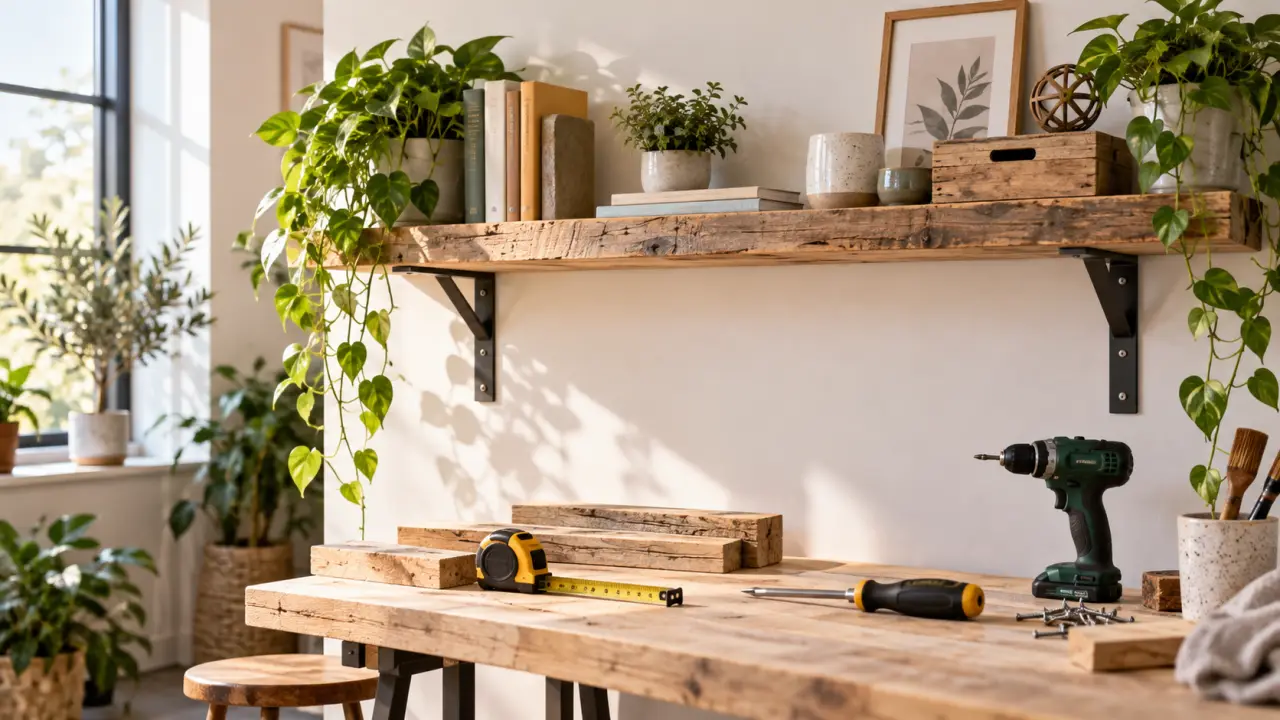 Étagère récup en bois installée dans un intérieur chaleureux