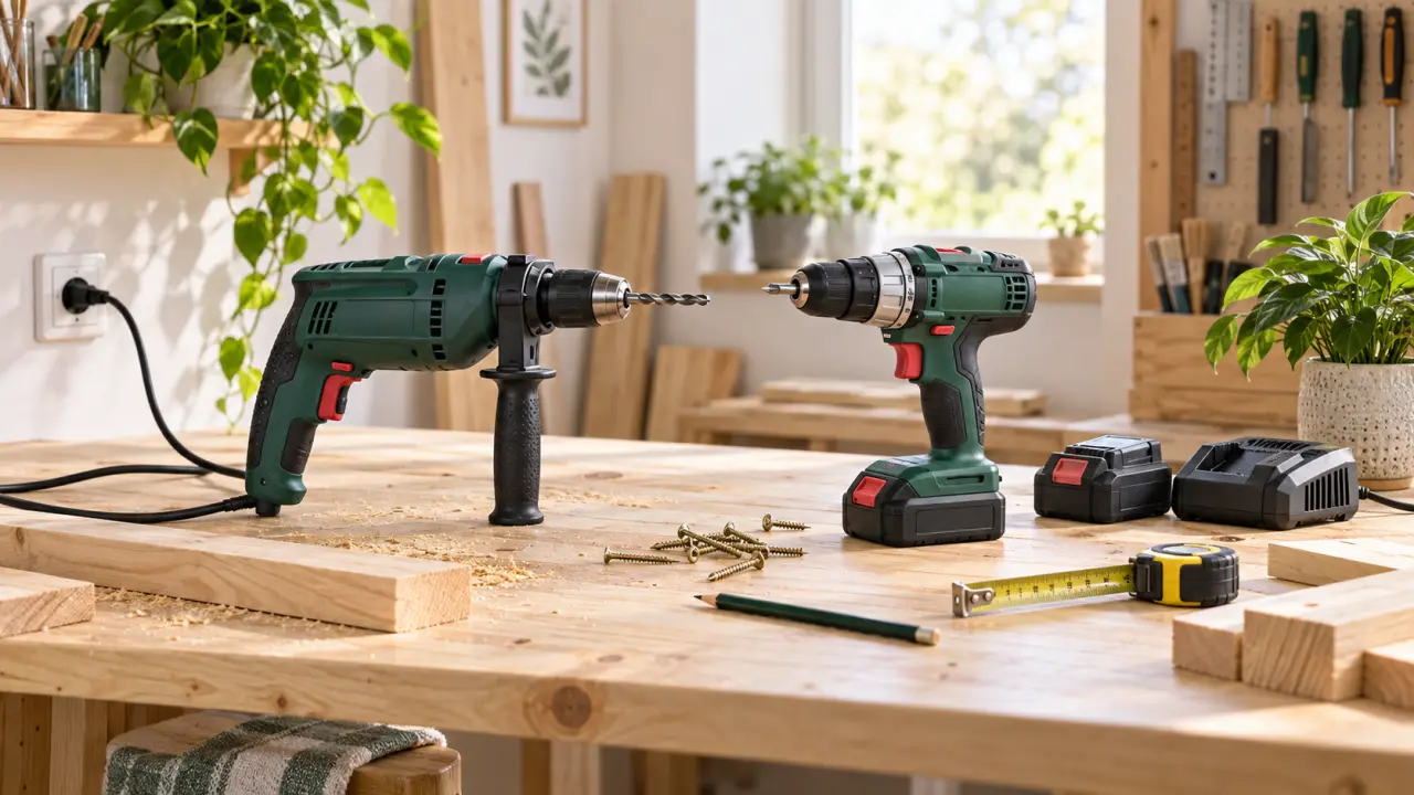 Perceuse utilisée sur un établi en bois pour un projet de bricolage