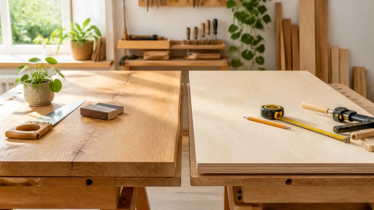 Établi en bois chaleureux avec outils de menuiserie et plantes vertes