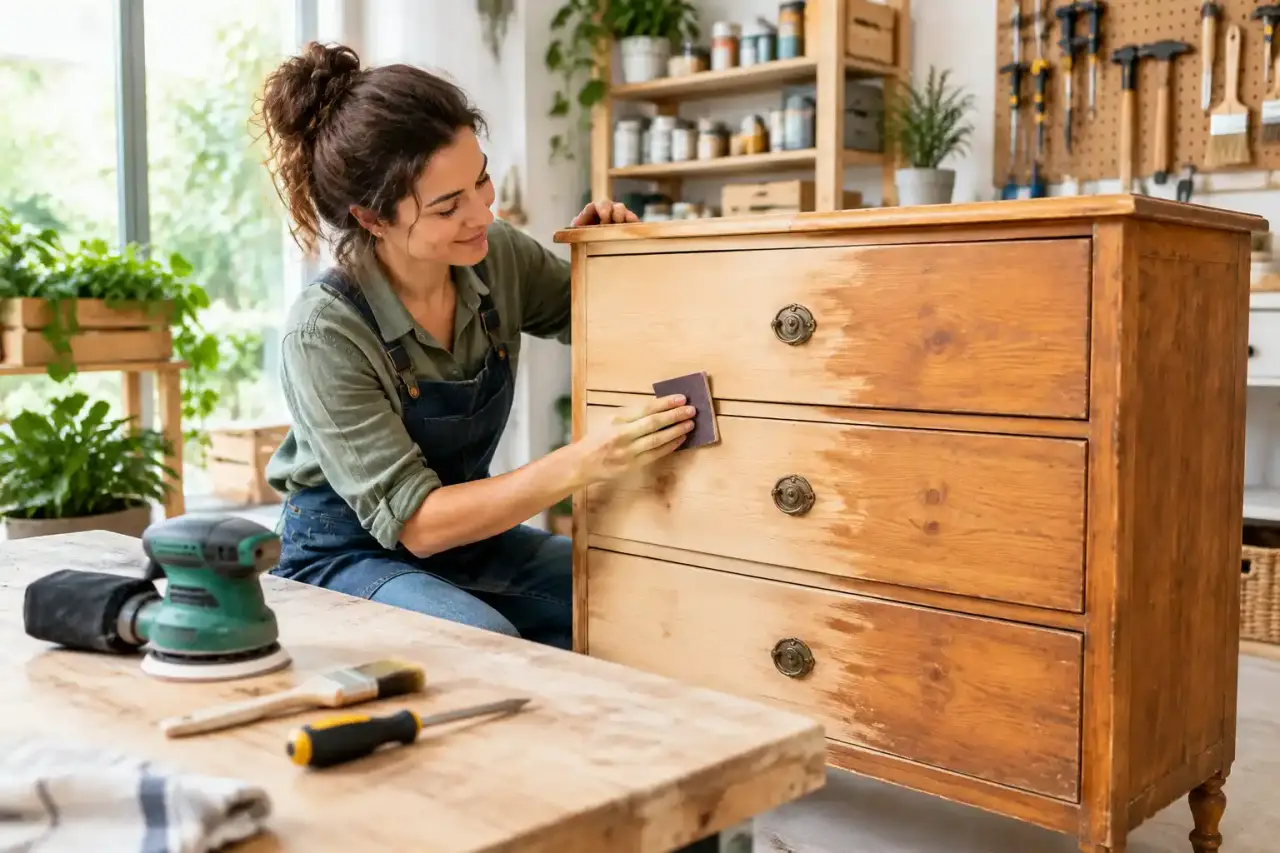 Commode en pin restaurée dans un atelier lumineux