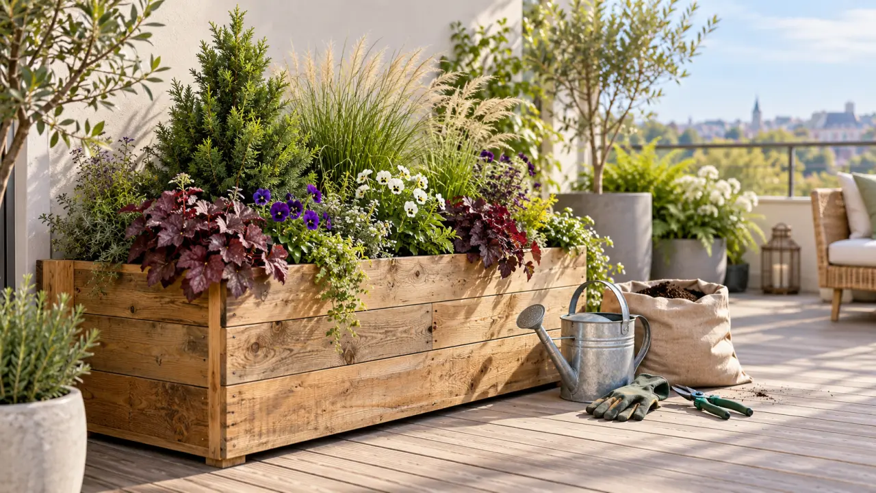 Jardinière fleurie composée de plantes décoratives pour toutes les saisons