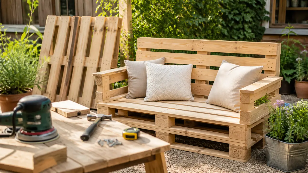Banc de jardin en palettes en cours de fabrication dans un atelier lumineux