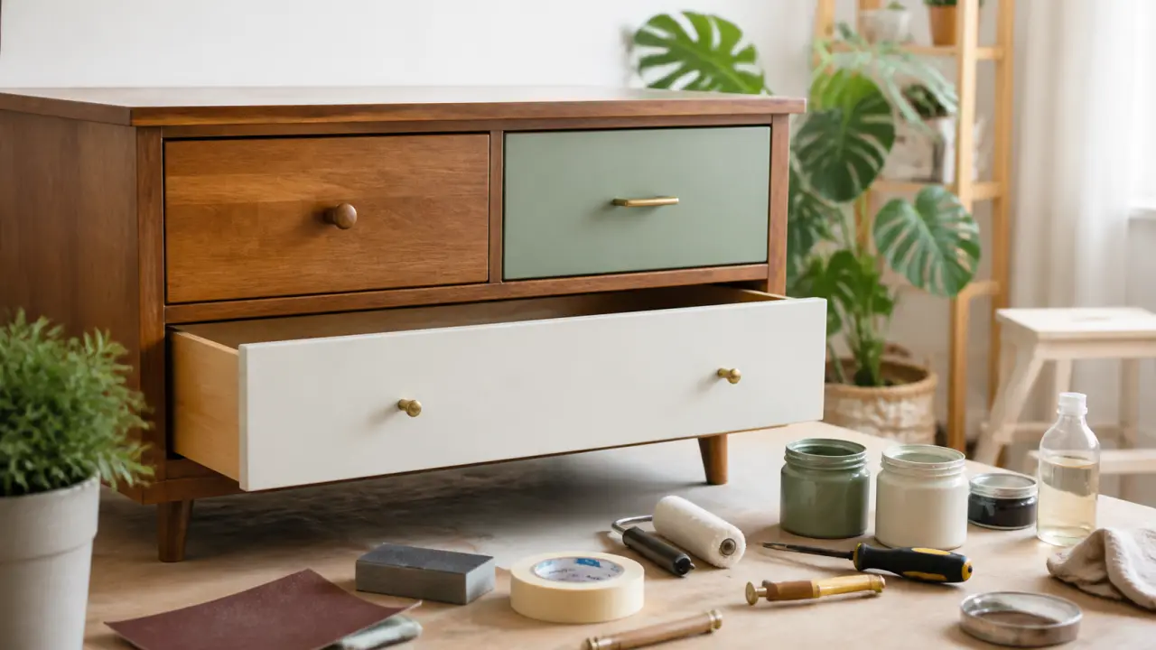 Commode années 70 relookée dans une ambiance atelier chaleureuse