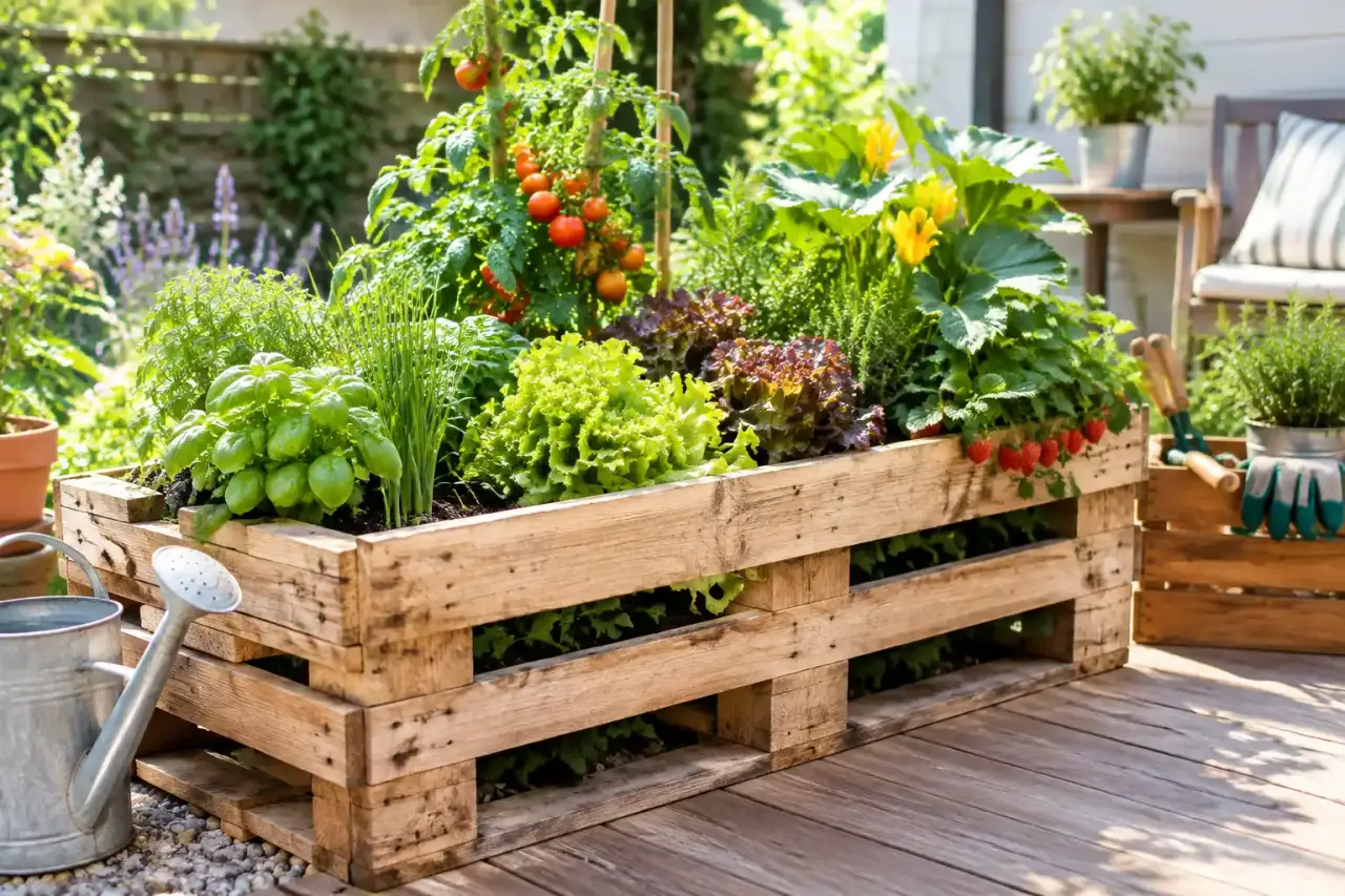 Un magnifique potager vertical réalisé en palette de bois sur un balcon ensoleillé