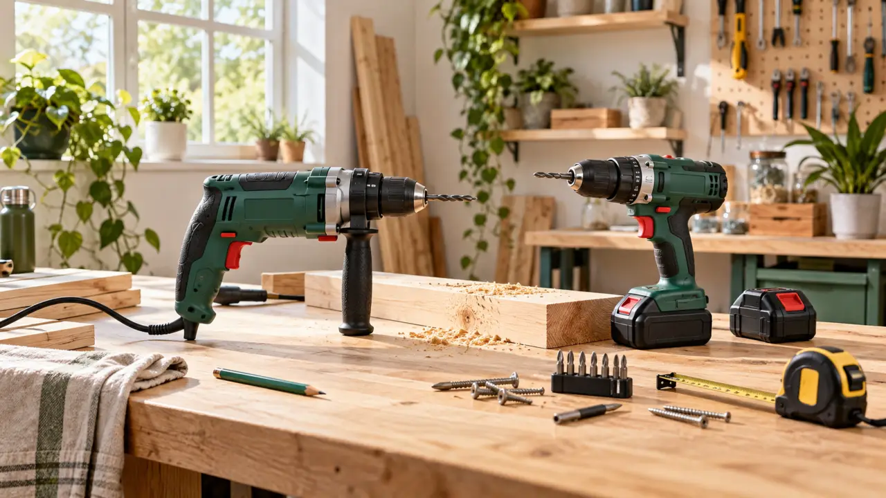 Perceuse-visseuse filaire et perceuse-visseuse sans fil posées sur un établi en bois