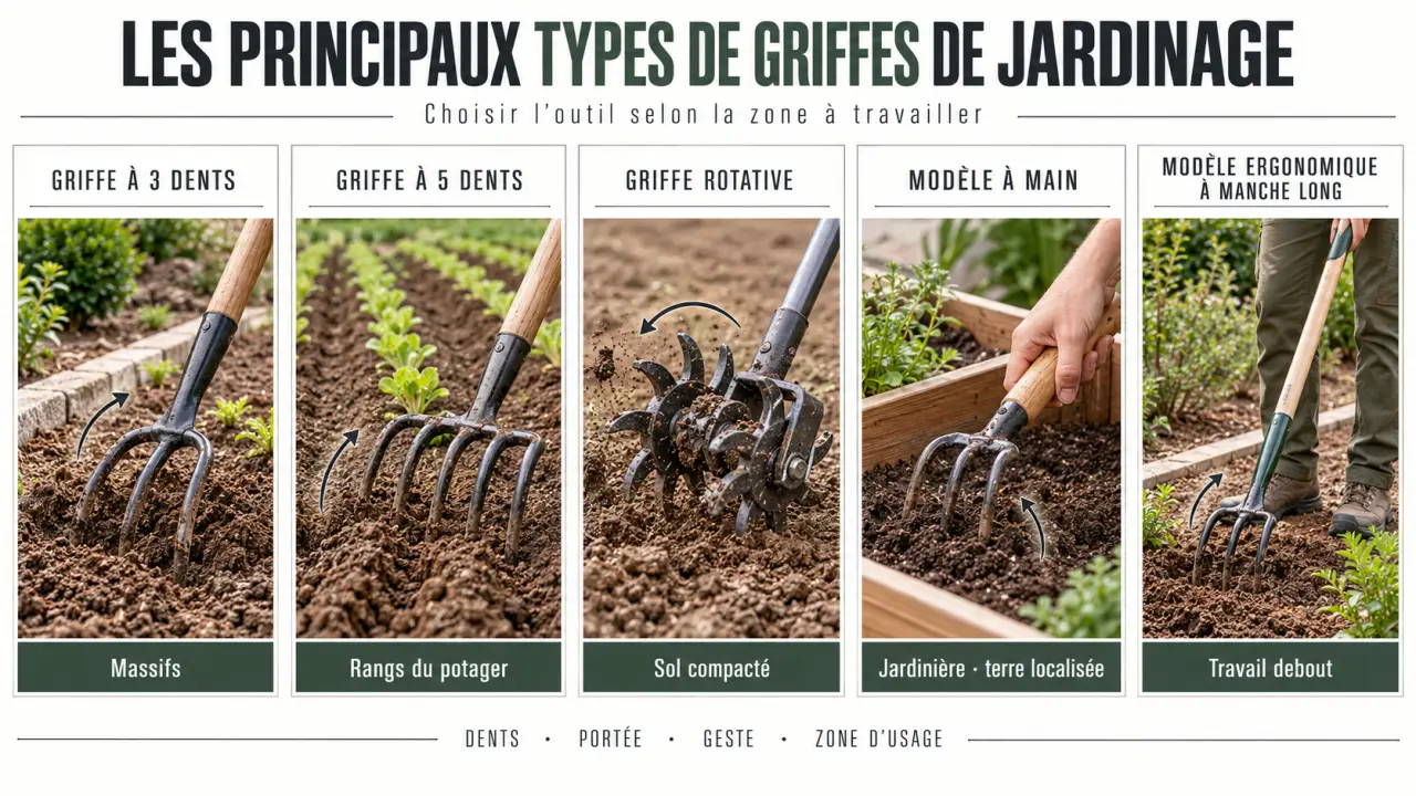 Infographie comparative des types de griffe de jardinage et de leurs usages