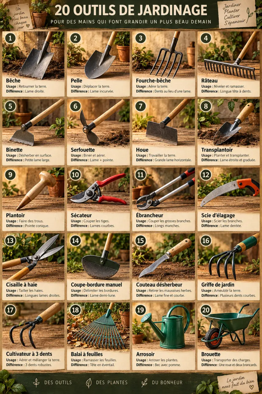 20 outils de jardinage à reconnaître : noms, usages et différences