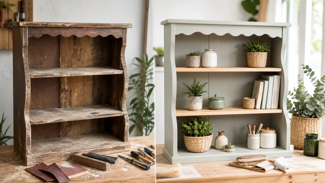 Étagère vintage rénovée dans un atelier lumineux, avec outils et finitions bois