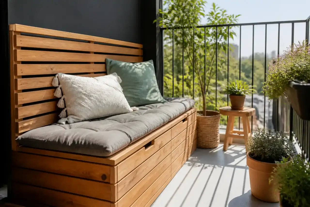 Banc de balcon en bois en cours de fabrication dans un atelier lumineux