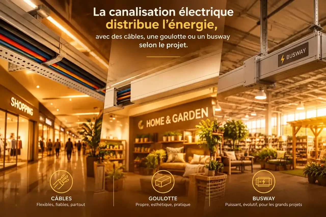 La canalisation électrique distribue l’énergie, avec des câbles, une goulotte ou un busway selon le projet