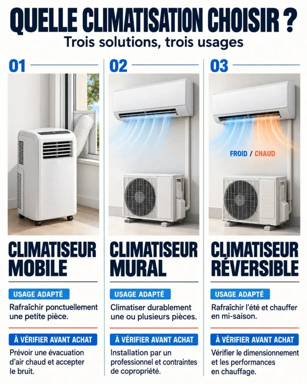 Infographie Climatiseur Shop comparant climatiseur mobile, mural et réversible